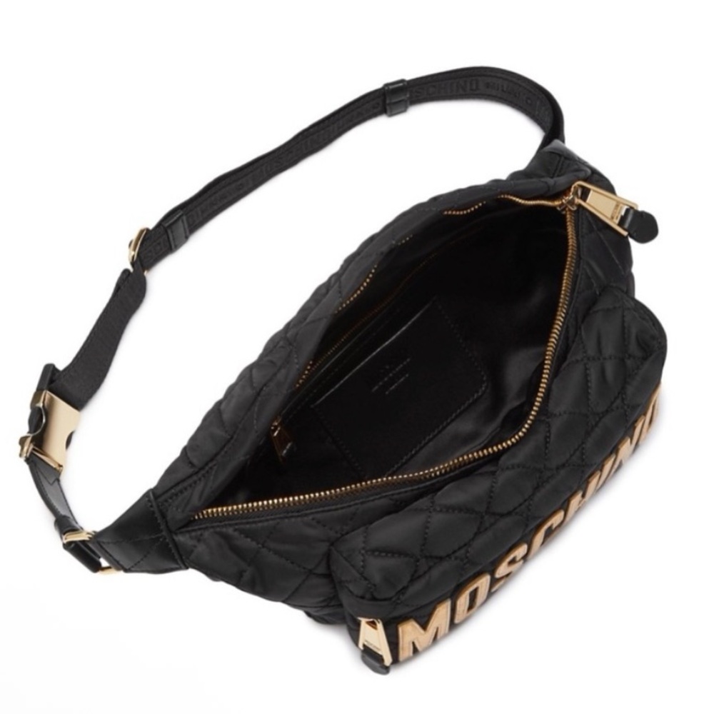 MOSCHINO Quilted Bum Bag Waist Bag Fanny Pack Black Large Gold Logo + Bag Charm - Picture 4 of 14
